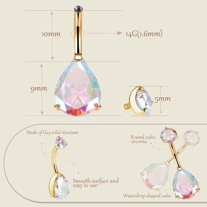 AROWRO Store Gold Belly Button Ring G23 Titanium Hypoallergenic 14G belly ring for Women Men Teardrop Navel Piercing Jewelry 10mm Barbell With Cubic Zircon - Image 5